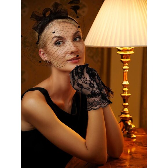 Fascinator Hat Feather Veil Lace Gloves for Women Elegant Tea Party & Formal Wea - Picture 6 of 7